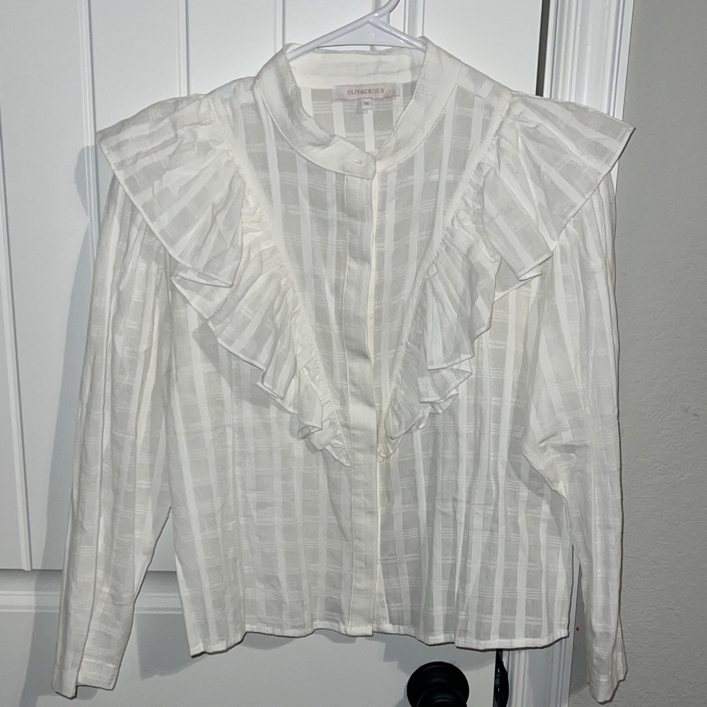 Olivaceous White Ruffled Blouse